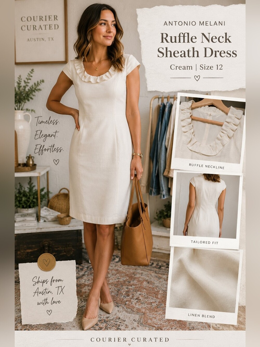 Antonio Melani Cream Linen Blend Sheath Dress Ruffle Neck Cap Sleeve Size 12